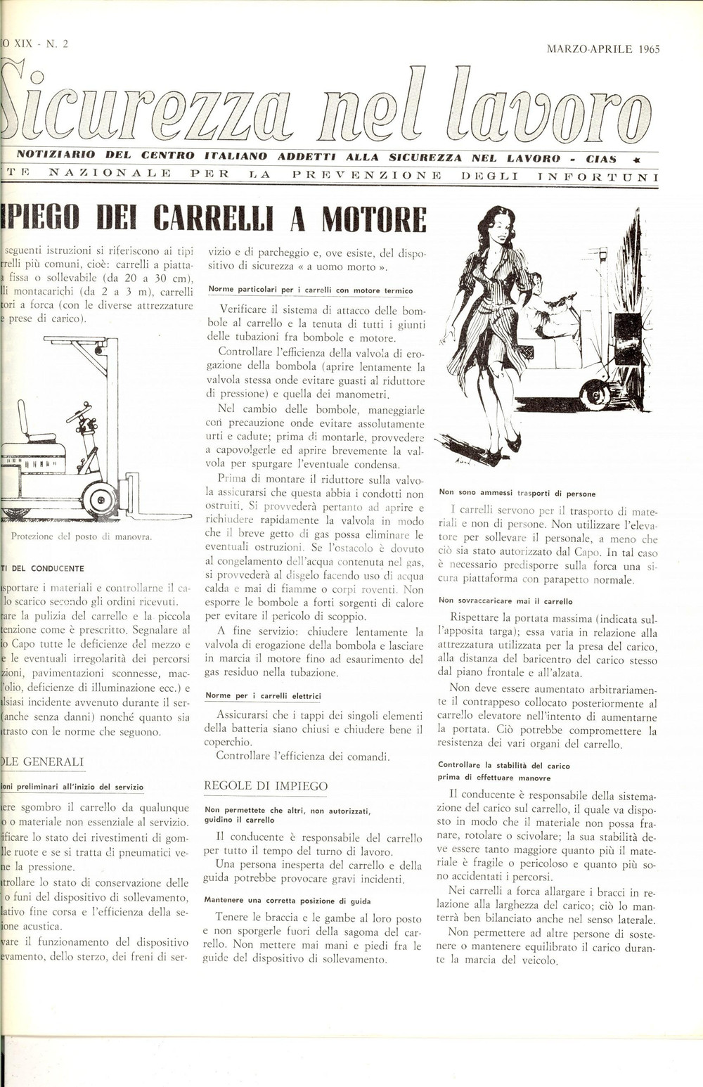 Giornale, rivista storica 1965 SICUREZZA NEL LAVORO Impiego dei carrelli a motore Rivista anno XIX nÂ°2 1