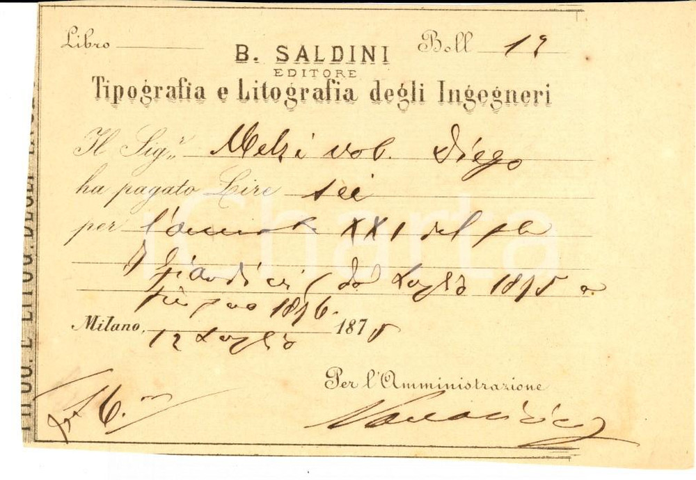 1875 MILANO Editore SALDINI Tipografia Ingegneri *Ricevuta conte Diego MELZI 