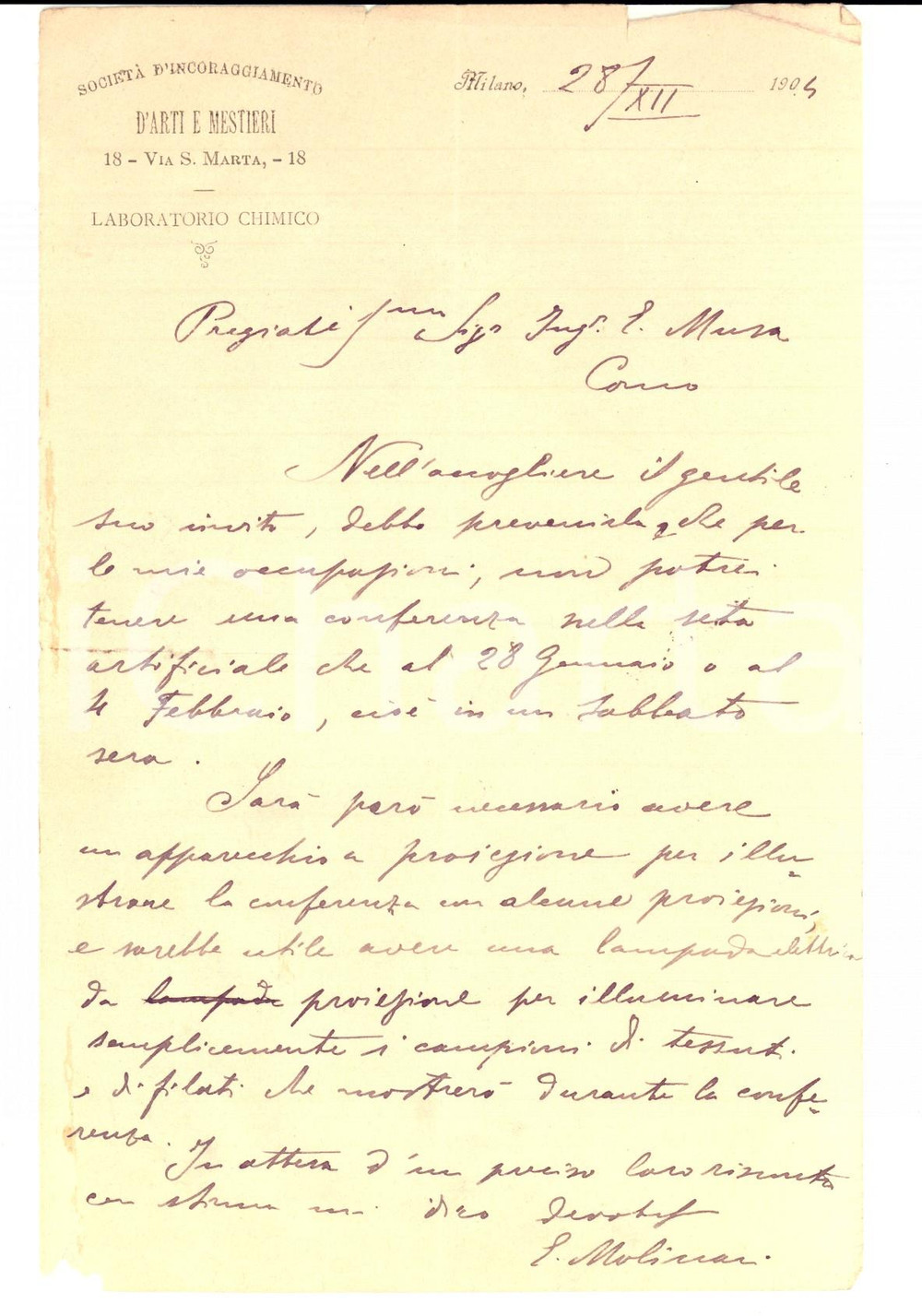 Manoscritto, lettera originale 1904 MILANO Lettera SocietÃ  Incoraggiamento ARTI E MESTIERI Chimico MOLINARI 1