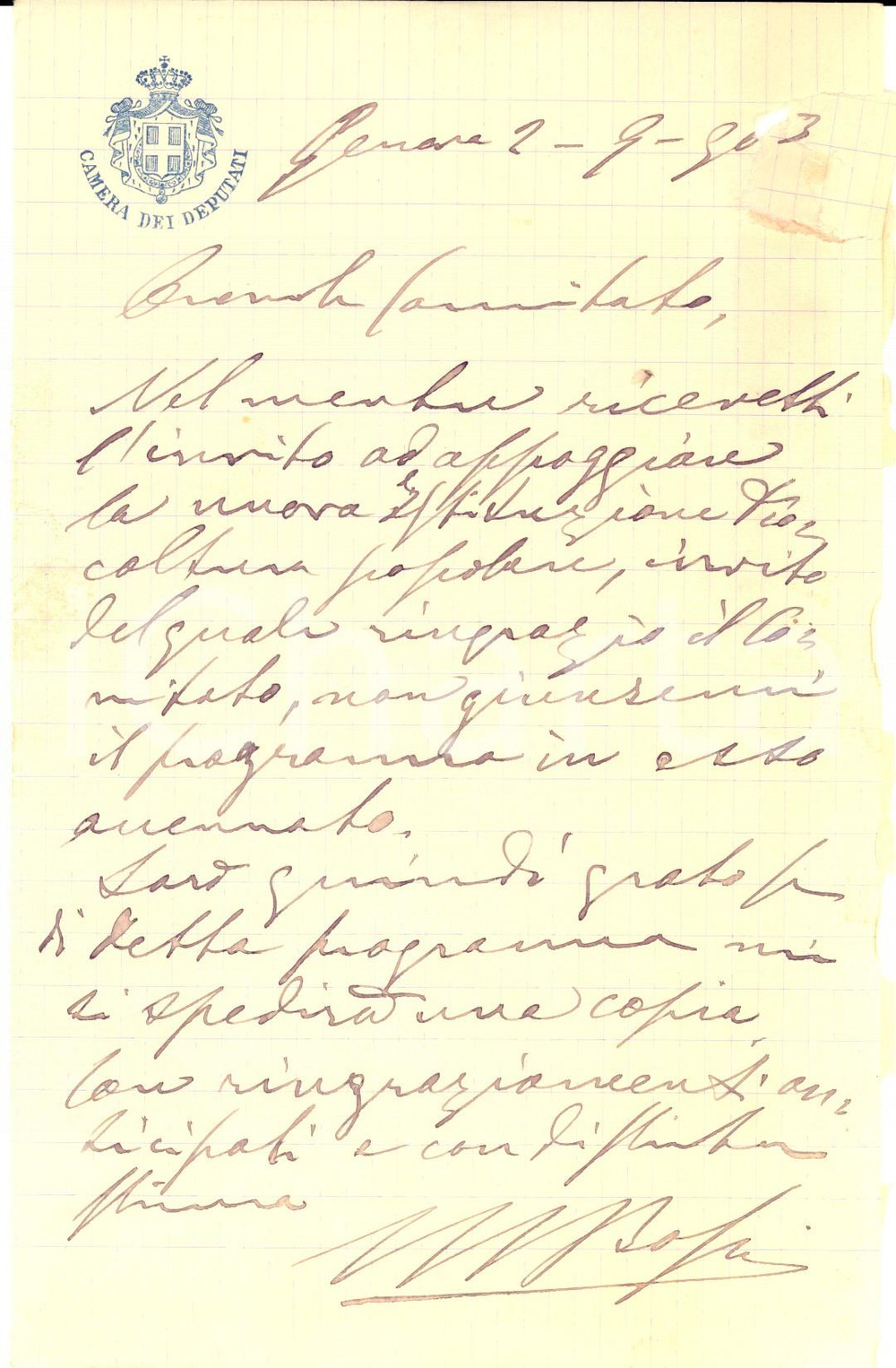 Autografo originale 1903 GENOVA Luigi Maria BOSSI promuove la cultura popolare Lettera AUTOGRAFA 1