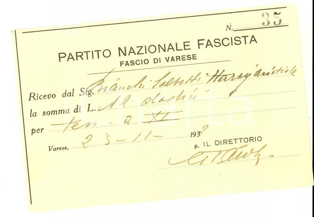 Documento originale, autentico 1933 PNF FASCIO DI VARESE Ricevuta per tessera Harry Aristide BIANCHI SALVETTI 1