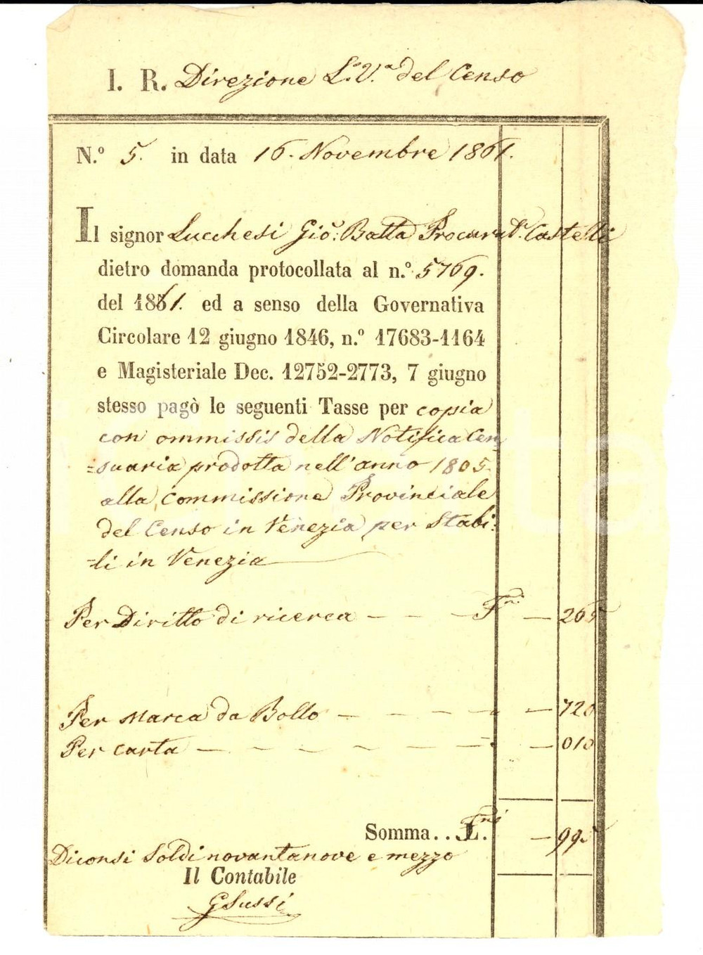 Documento originale, autentico 1861 VENEZIA Direzione del Censo  Ricevuta a Giovanni Battista LUCCHESI 1