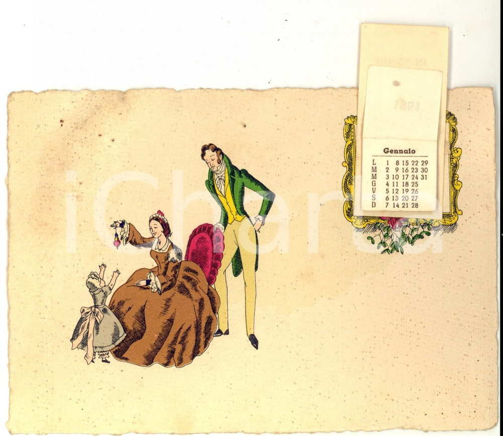 Oggetto da collezione cartaceo 1951 Biglietto ILLUSTRATO con famiglia in gioco CALENDARIO 1