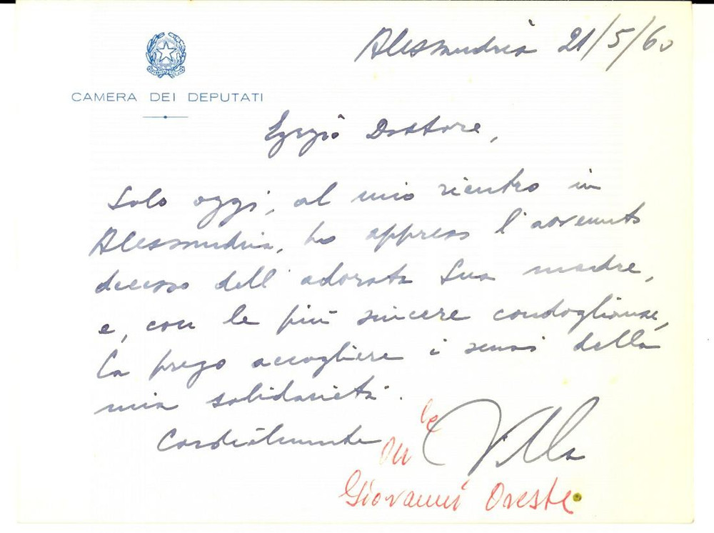 Autografo originale 1960 ALESSANDRIA Condoglianze deputato Giovanni Oreste VILLA AUTOGRAFO 1