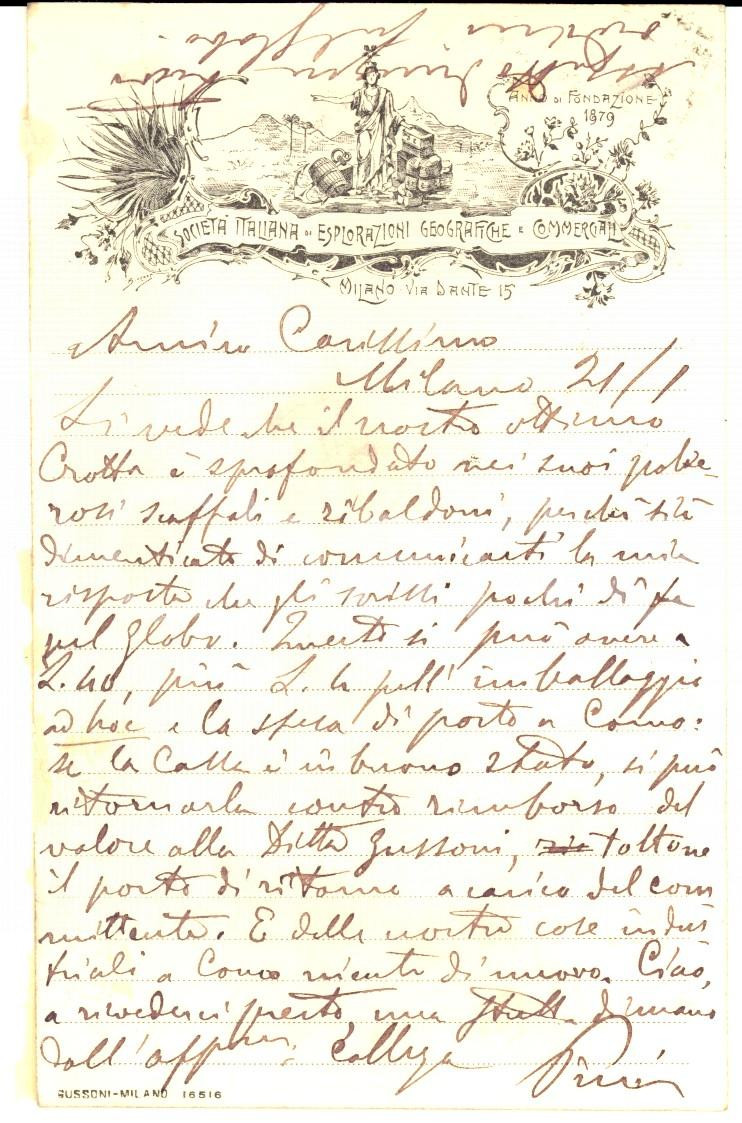 Manoscritto, lettera originale 1904 MILANO Cartolina PIERI SocietÃ  Italiana di Esplorazioni Geografiche 1