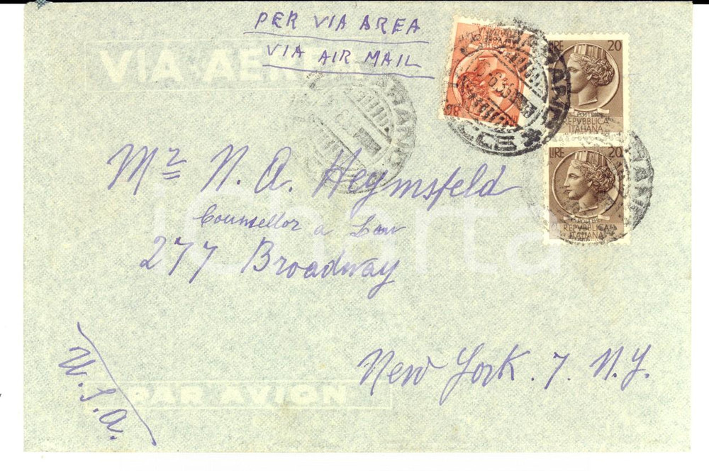 Cartolina originale da collezione 1955 STORIA POSTALE Busta affrancatura Lire 20 + Lire 80 via aerea 1