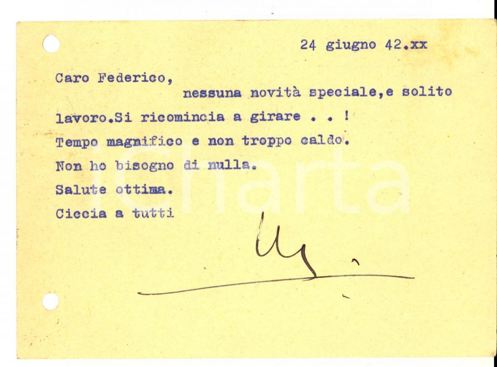 Autografo originale 1942 WW2 Vittorio Emanuele BORROMEO ARESE ricomincia a girare Autografo FG VG 1