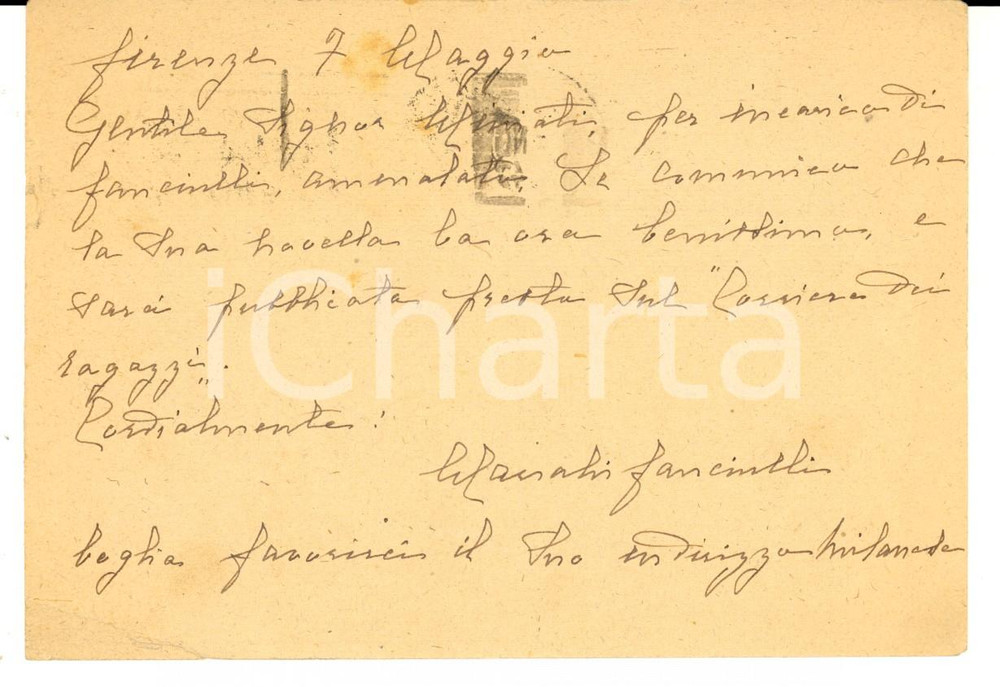 Autografo originale 1947 FIRENZE CORRIERE RAGAZZI Cartolina di Marialù FANCIULLI Autografo 1