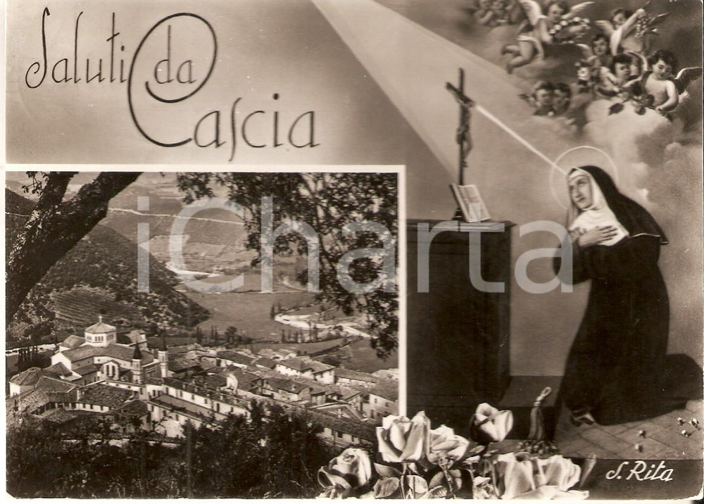 Cartolina originale da collezione 1950 ca CASCIA PG Veduta del Santuario e Illustrazione SANTA RITA Cartolina FG 1