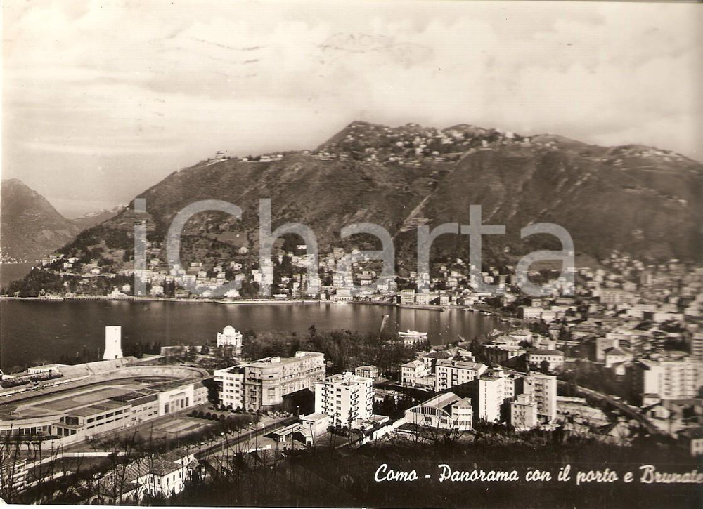 Cartolina originale da collezione 1958 COMO Panorama con porto e BRUNATE Cartolina FG VG 1