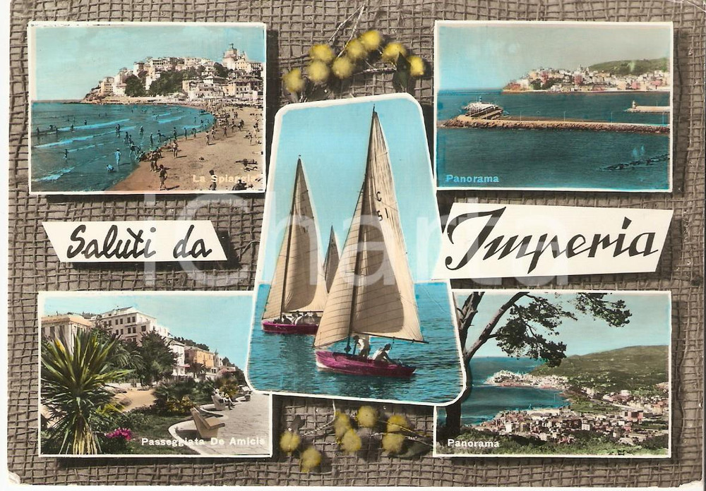 Cartolina originale da collezione 1961 IMPERIA Vedutine con Passeggiata DE AMICIS e spiaggia Cartolina FG VG 1