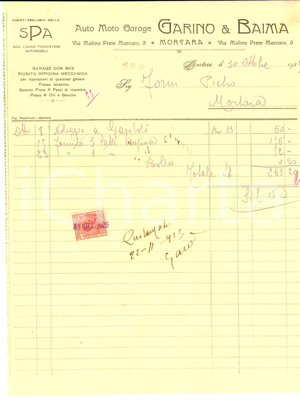 Documento originale, autentico 1925 MORTARA PV Auto garage GARINO & BAIMA Fattura per noleggio 1