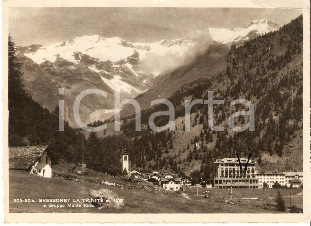 Cartolina originale da collezione 1946 GRESSONEYLATRINITE  AO Panorama con Gruppo MONTE ROSA Cartolina FG VG 1