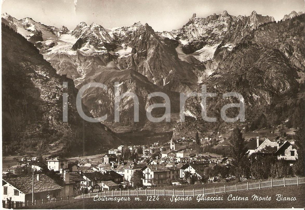 Cartolina originale da collezione 1958 COURMAYEUR AO Panorama con Ghiacciai Catena MONTE BIANCO Cartolina FG VG 1
