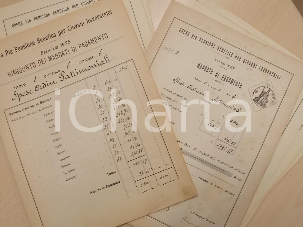 Documento originale, autentico 1925 MILANO OPERA PIA per Giovani Lavoratrici  Lotto 10 mandati patrimoniali 1