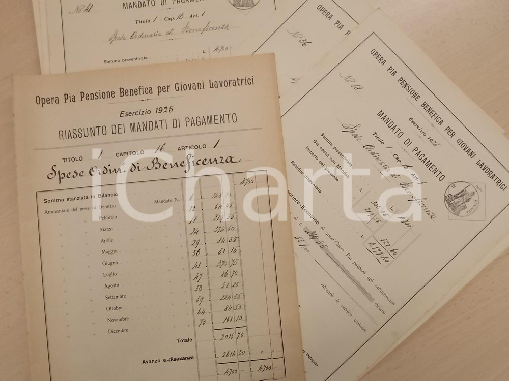 Documento originale, autentico 1925 MILANO OPERA PIA Giovani Lavoratrici  Lotto 10 mandati spese beneficenza 1