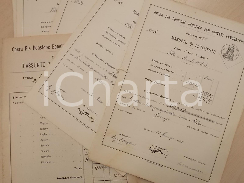 Documento originale, autentico 1925 MILANO OPERA PIA Giovani Lavoratrici Lotto 10 mandati vitto e combustibile 1
