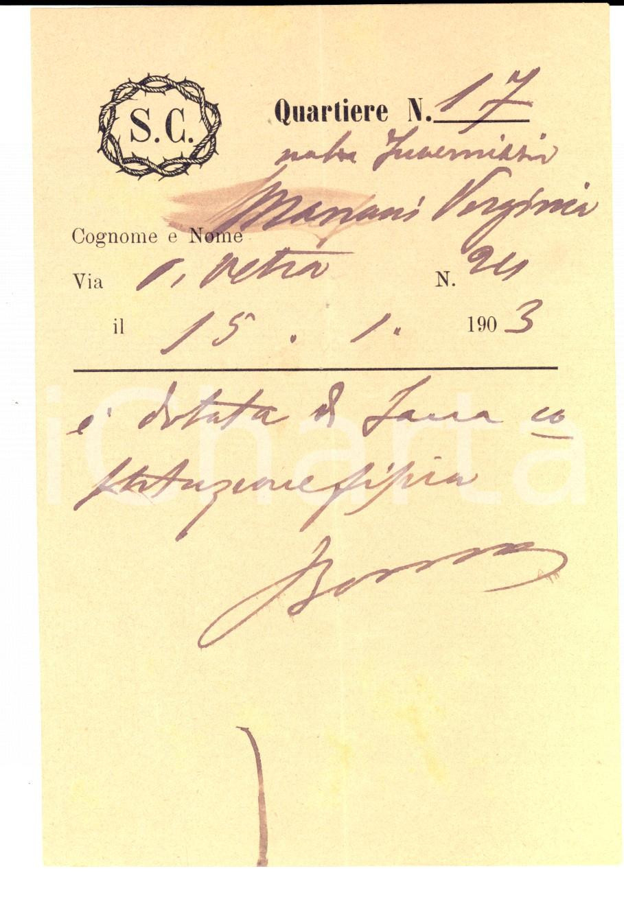 Documento originale, autentico 1903 MILANO Istituto SANTA CORONA Ricevuta Virginia MANANI 1
