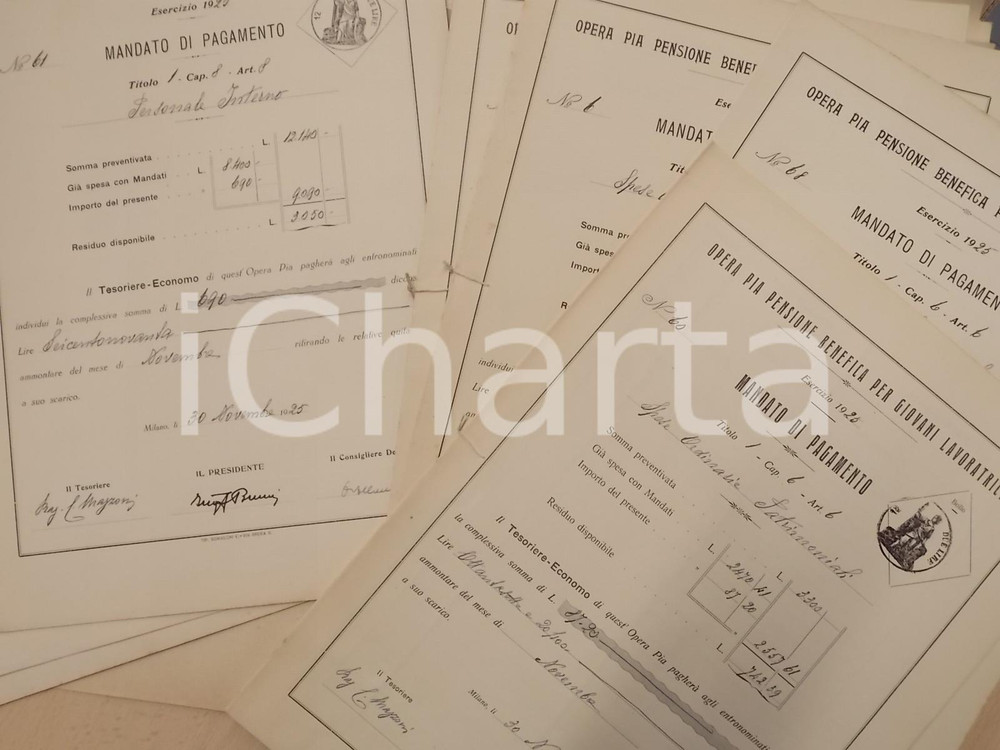 Documento originale, autentico 1925 MILANO OPERA PIA per Giovani Lavoratrici  Lotto 14 mandati spese varie 1