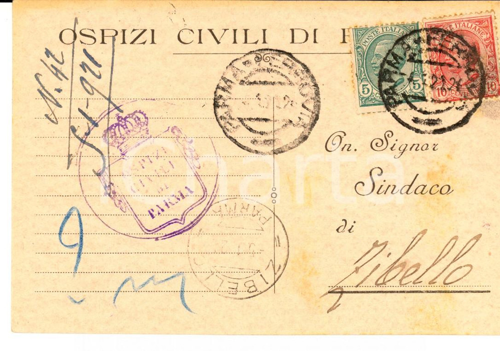 Documento originale, autentico 1920 Ospizi Civili di PARMA Ingresso Clementina DALLEDONNE Cartolina intestata 1