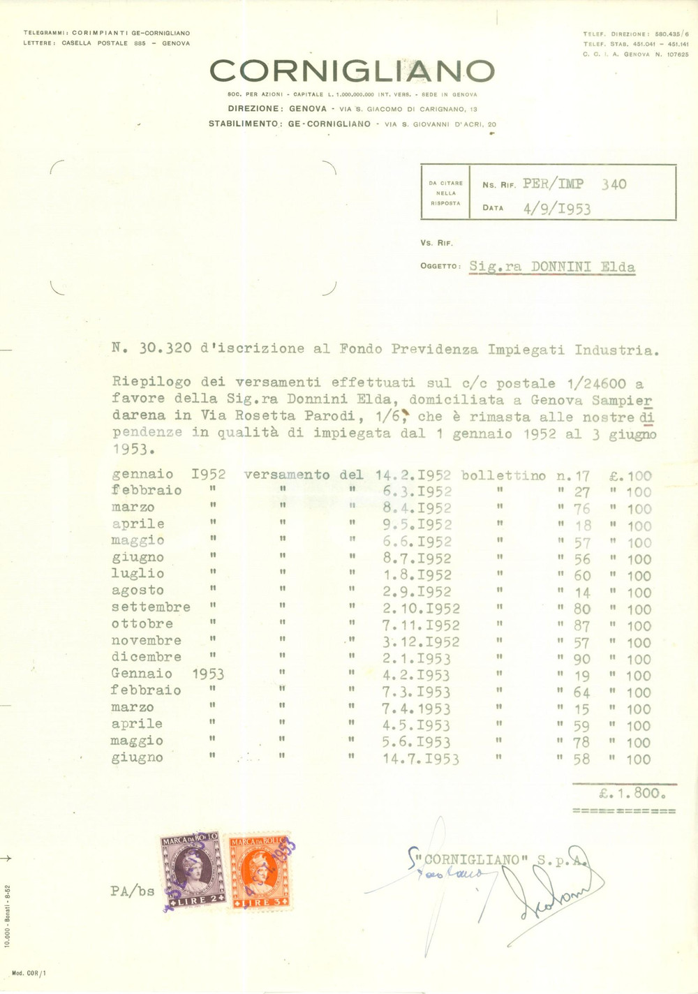 Documento originale, autentico 1953 GENOVA CORNIGLIANO Versamento contributo per impiegata Fondo Industria 1