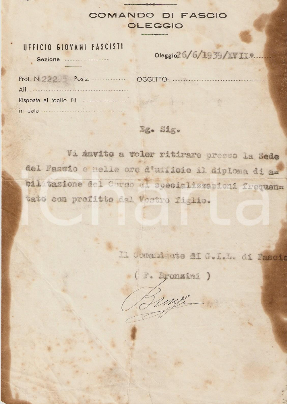 Documento originale, autentico 1939 OLEGGIO NO GioventÃ¹ Italiana Littorio consegna diploma DANNEGGIATO 1