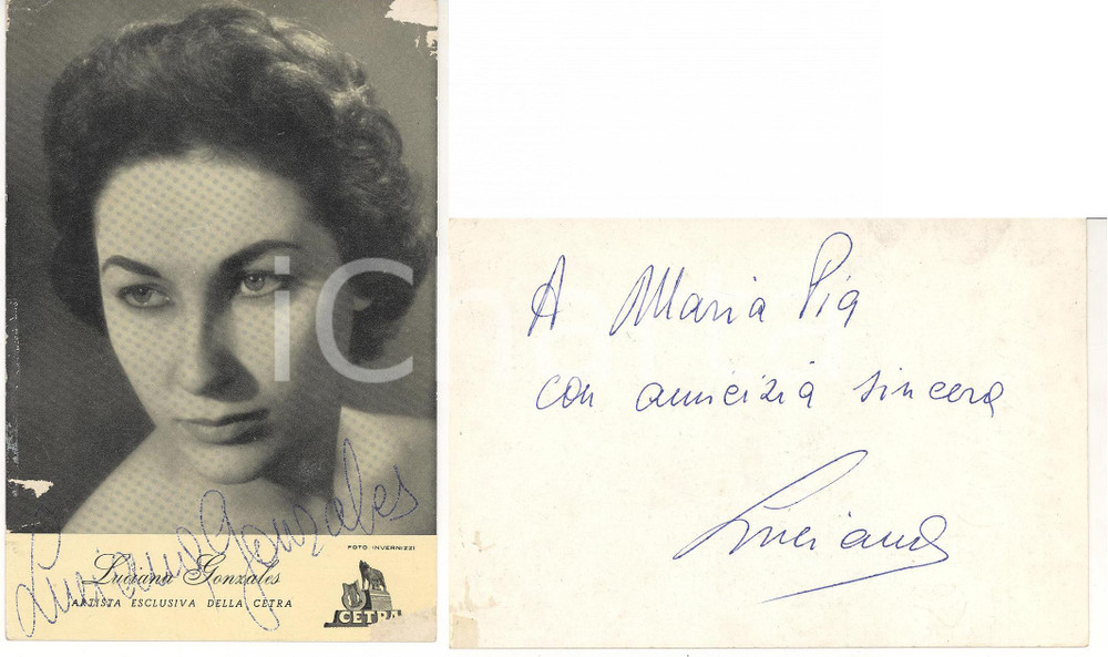 Autografo originale 1960 ca Cantante LUCIANA GONZALES Cartolina con dedica e AUTOGRAFO 1