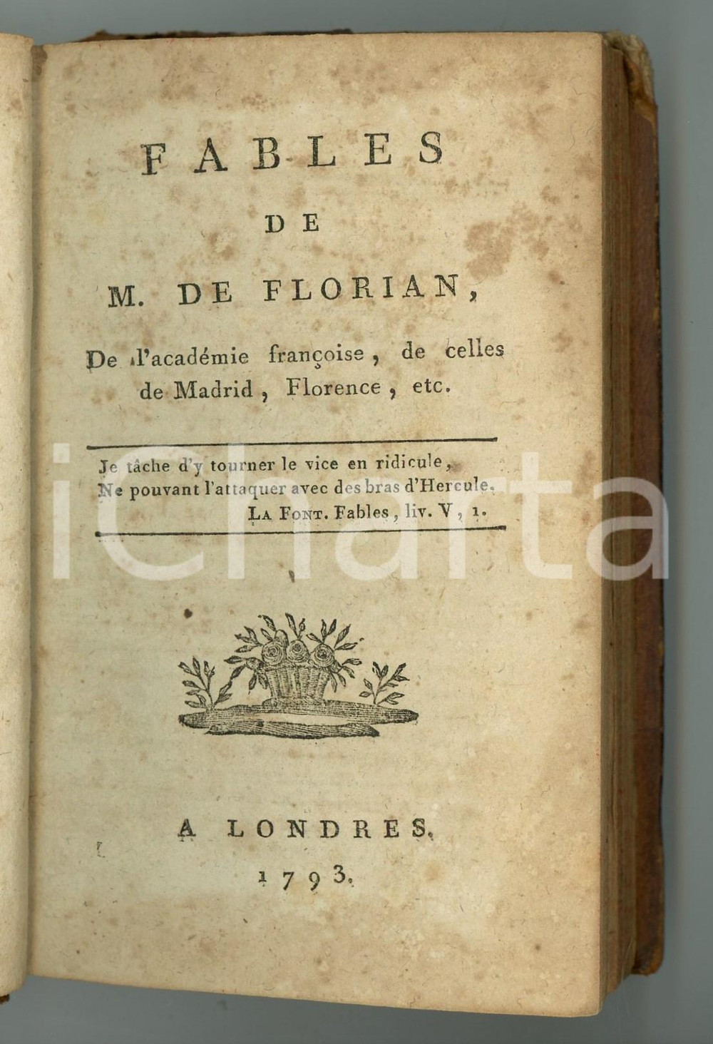 Libro, pubblicazione d epoca 1793 LONDRES JeanPierre Claris de FLORIAN Fables  Rare book 1