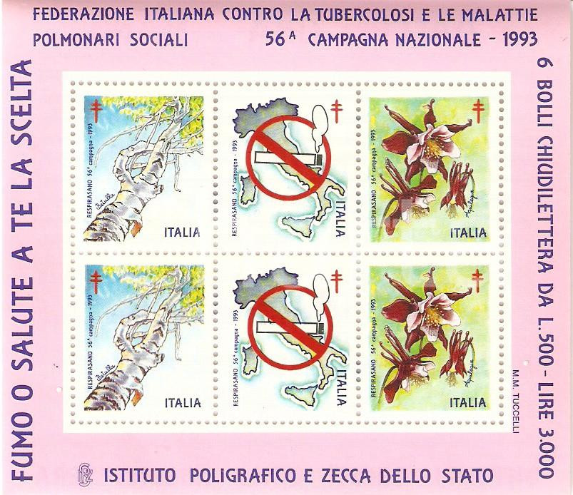 Oggetto da collezione cartaceo 1993  56 Campagna prevenzione TUBERCOLOSI 6 Erinnofili contro il fumo 1