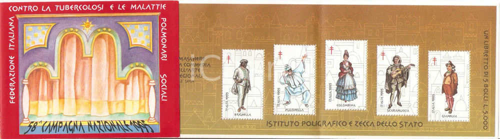 Oggetto da collezione cartaceo 1995  58 Campagna prevenzione TBC Maschere Commedia dell arte 5 Erinnofili 1