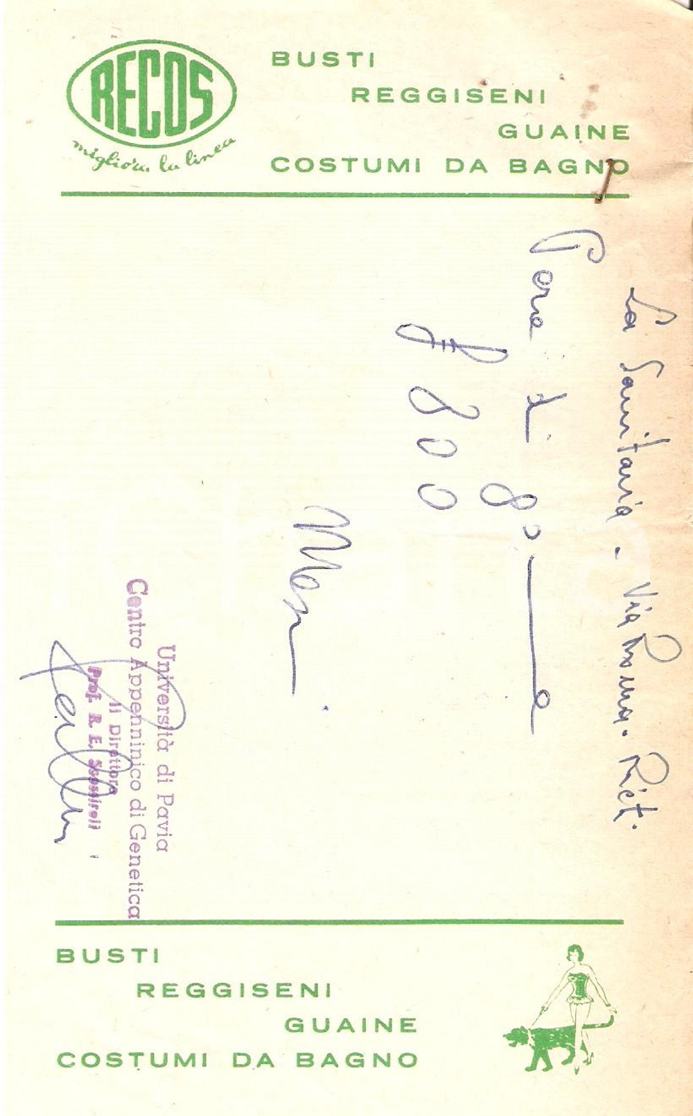 Materiale pubblicitario d’epoca 1965 ca RIETI Ditta LA SANITARIA Busti e reggiseni RECOS Ricevuta 10x17 1