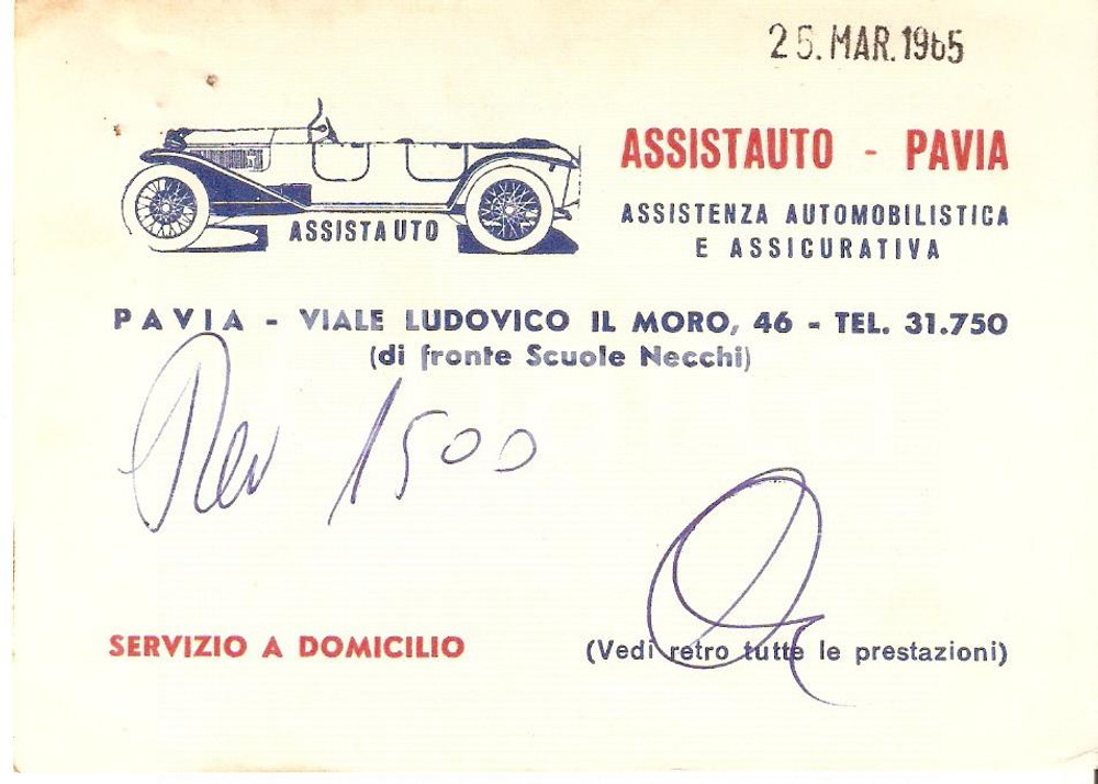 1965 PAVIA Assistenza assicurativa ASSISTAUTO *Biglietto 12x8 cm