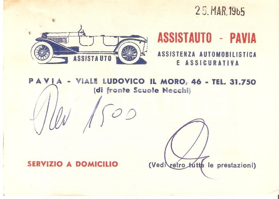 Materiale pubblicitario d’epoca 1965 PAVIA Assistenza assicurativa ASSISTAUTO Biglietto 12x8 cm 1