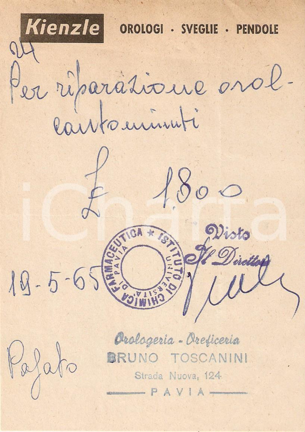 Materiale pubblicitario d’epoca 1965 PAVIA Orologeria Bruno TOSCANINI Orologi KIENZLE Ricevuta 10x15 cm 1