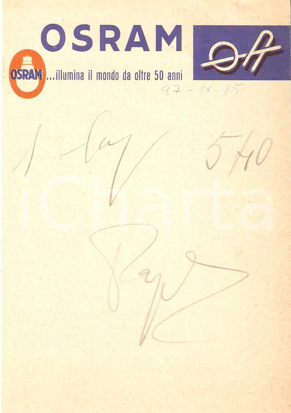 Materiale pubblicitario d’epoca 1965 PUBBLICITA  Lampadine OSRAM Ricevuta ILLUSTRATA 12x16 cm 1