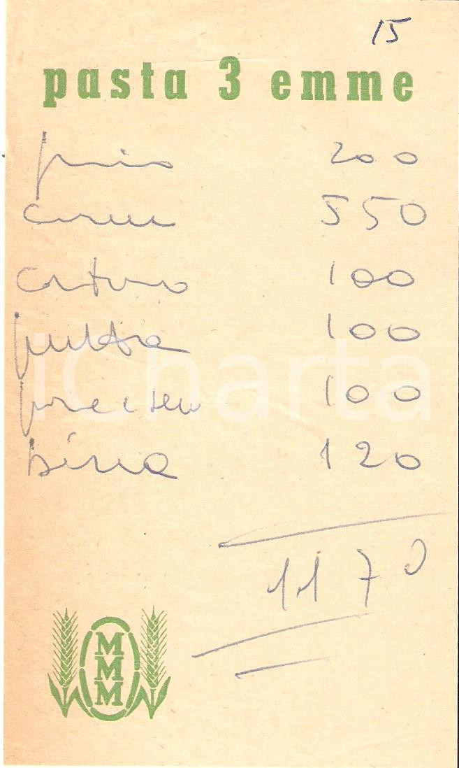 Materiale pubblicitario d’epoca 1965 ca PUBBLICITA  Pasta 3 EMME Ricevuta 8x14 cm 1
