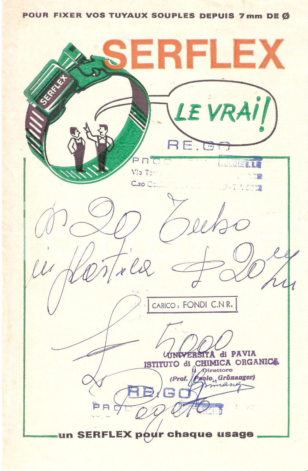Materiale pubblicitario d’epoca 1965 ca PAVIA Ditta REGO Morsetti SERFLEX Colliers de serrage Ricevuta 13x20 cm 1