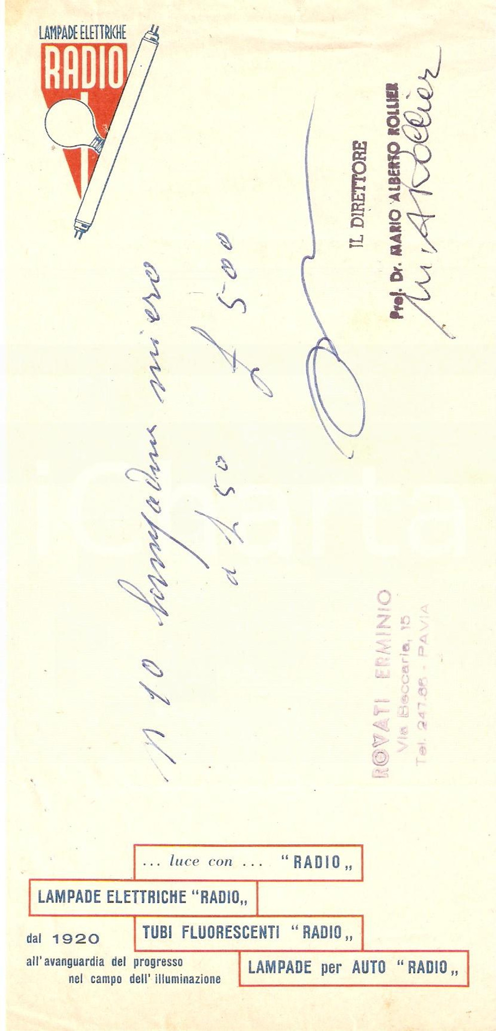 Materiale pubblicitario d’epoca 1965 ca PAVIA Ditta Erminio ROVATI Lampade elettriche RADIO Ricevuta 10x22 1