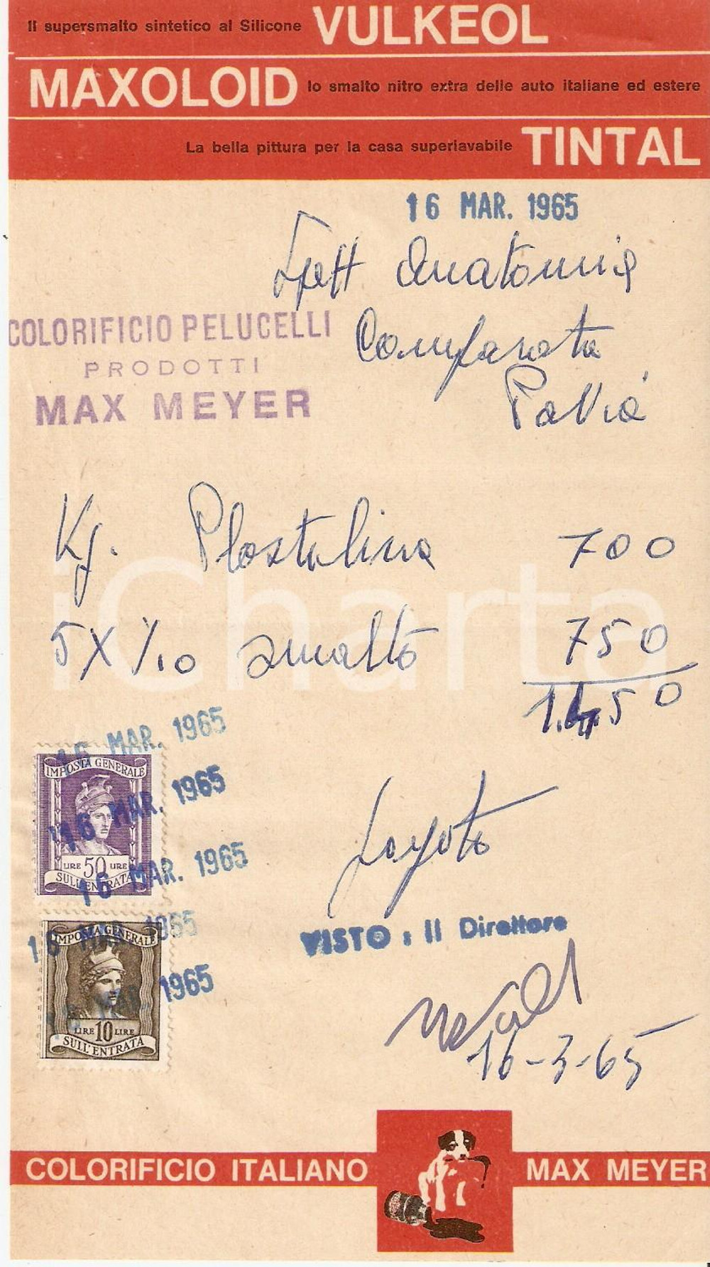 Materiale pubblicitario d’epoca 1965 PAVIA Colorificio PELUCELLI Prodotti MAX MEYER Ricevuta 10x15 cm 1