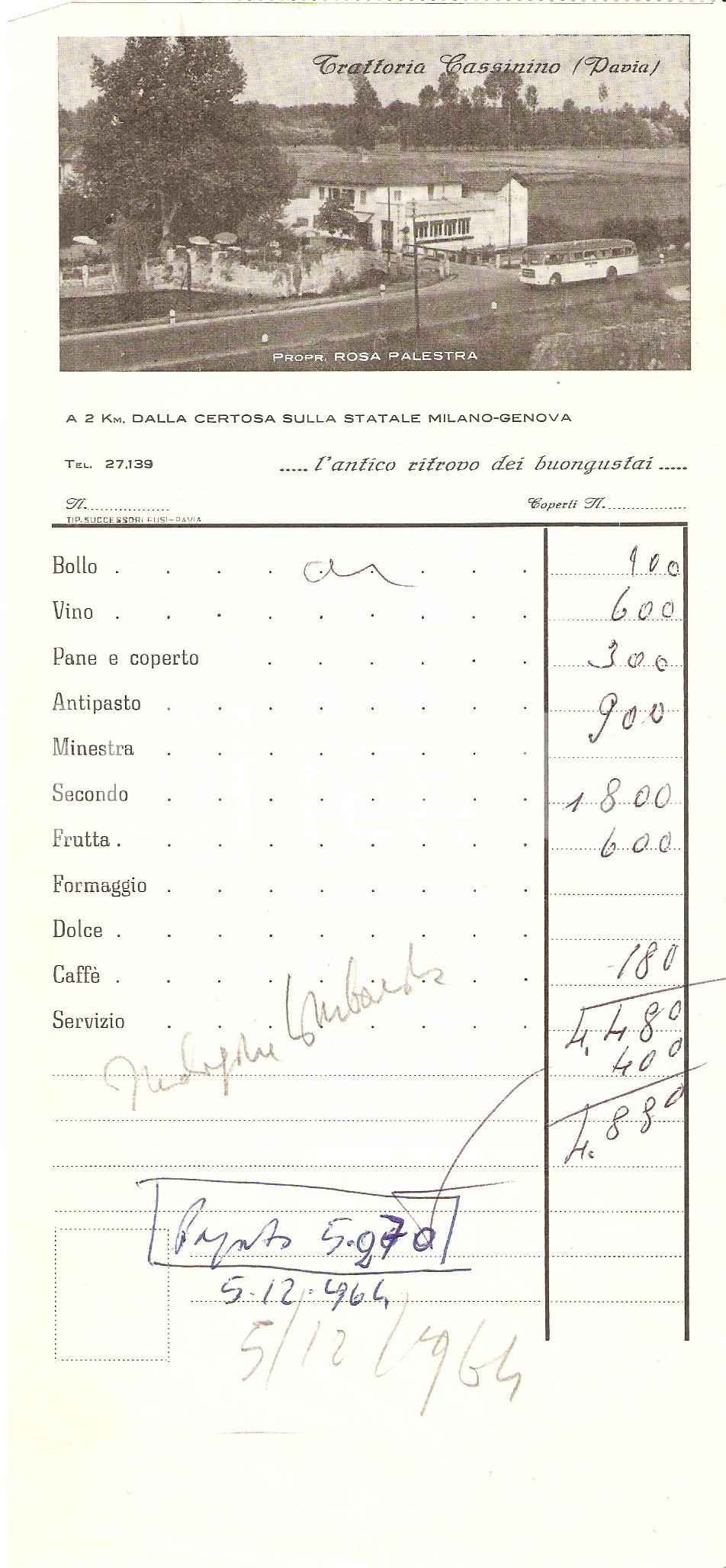 Materiale pubblicitario d’epoca 1968 PAVIA Trattoria CASSININO Ricevuta 12x26 cm 1