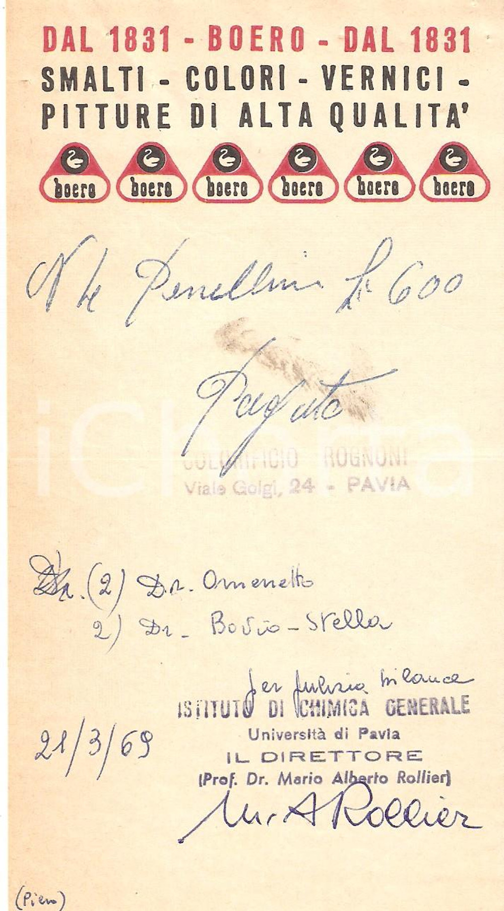 1969 PAVIA Colorificio ROGNONI Vernici BOERO Smalti *Ricevuta 9x16 cm