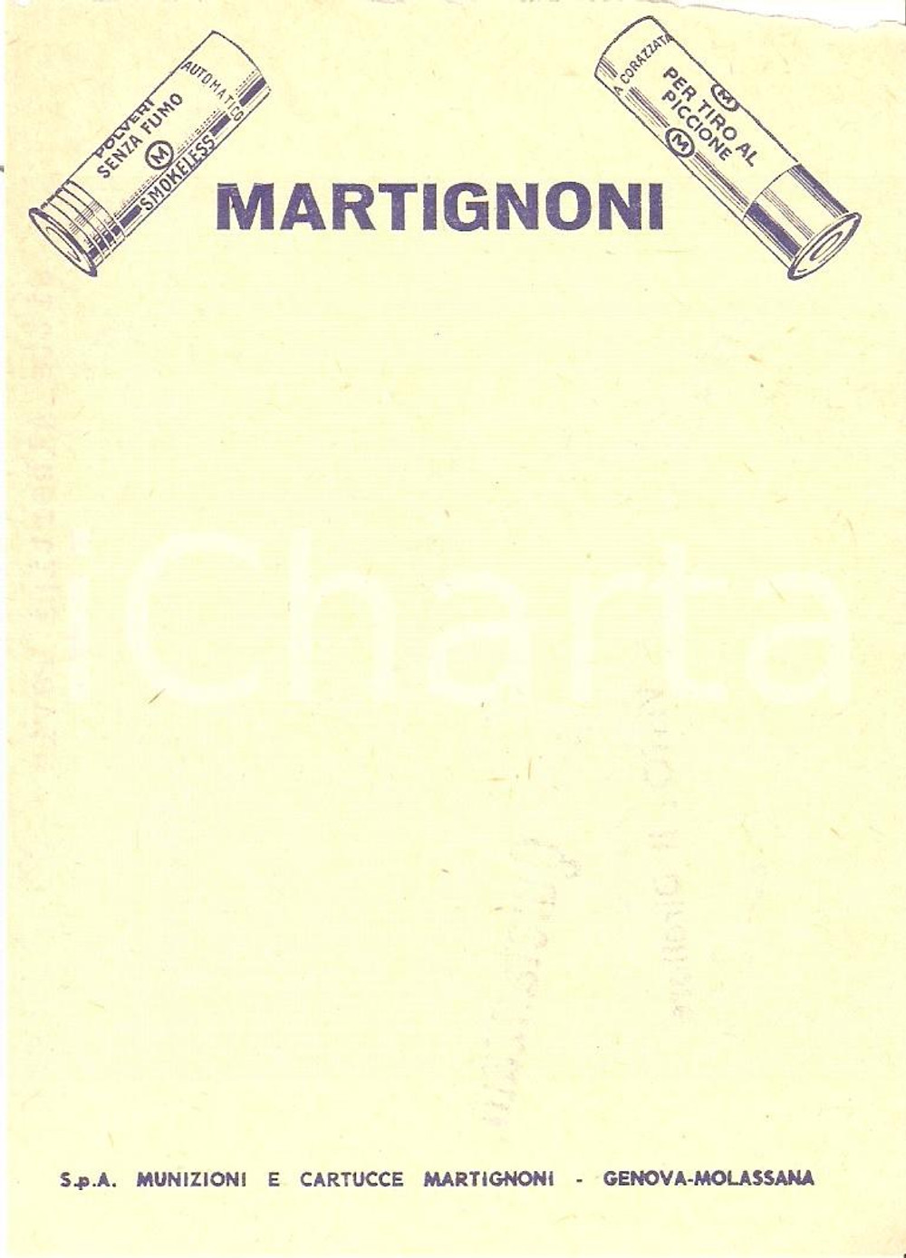 Materiale pubblicitario d’epoca 1968 GENOVA  MOLASSANA Munizioni per tiro al piccione MARTIGNONI Ricevuta 9x13 1