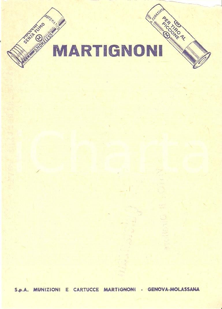 Materiale pubblicitario d’epoca 1968 GENOVA  MOLASSANA Munizioni per tiro al piccione MARTIGNONI Ricevuta 9x13 1