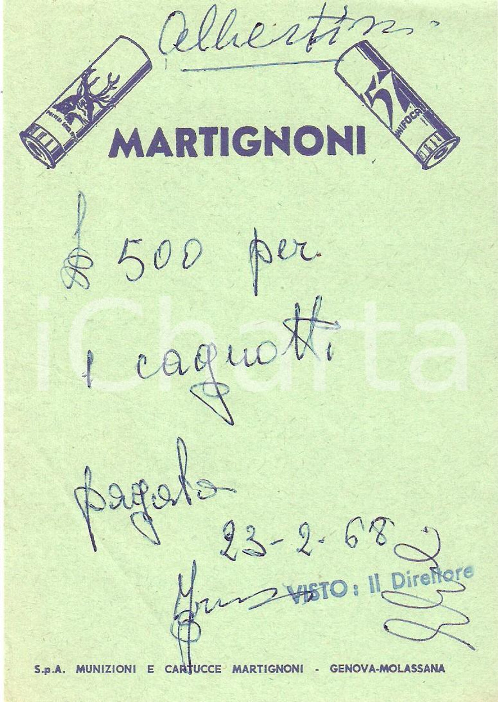 Materiale pubblicitario d’epoca 1968 GENOVA  MOLASSANA Munizioni MARTIGNONI Polveri senza fumo Ricevuta 9x13 1
