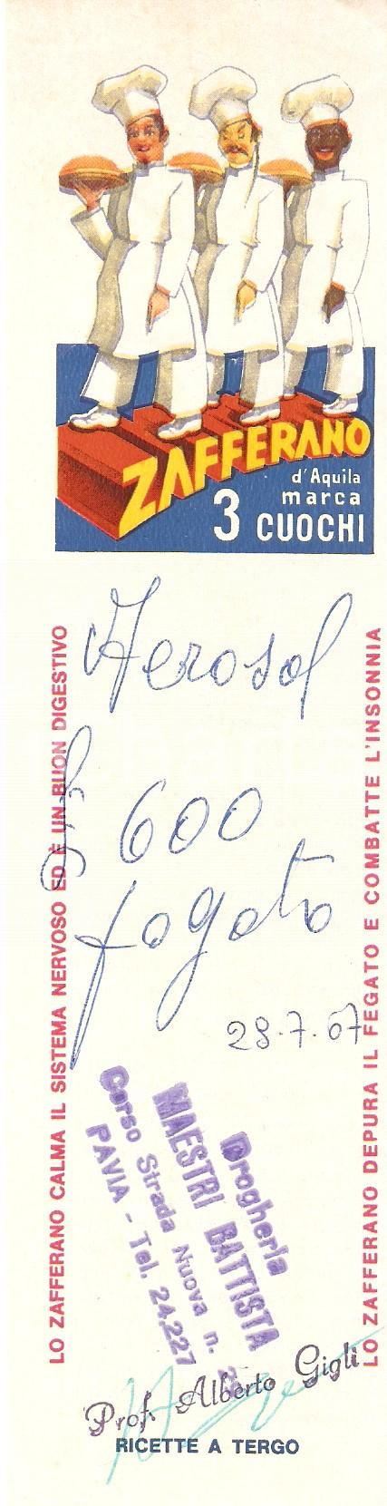 Materiale pubblicitario d’epoca 1967 PAVIA Drogheria Battista MAESTRI Zafferano 3 CUOCHI Ricevuta 5x21 cm 1