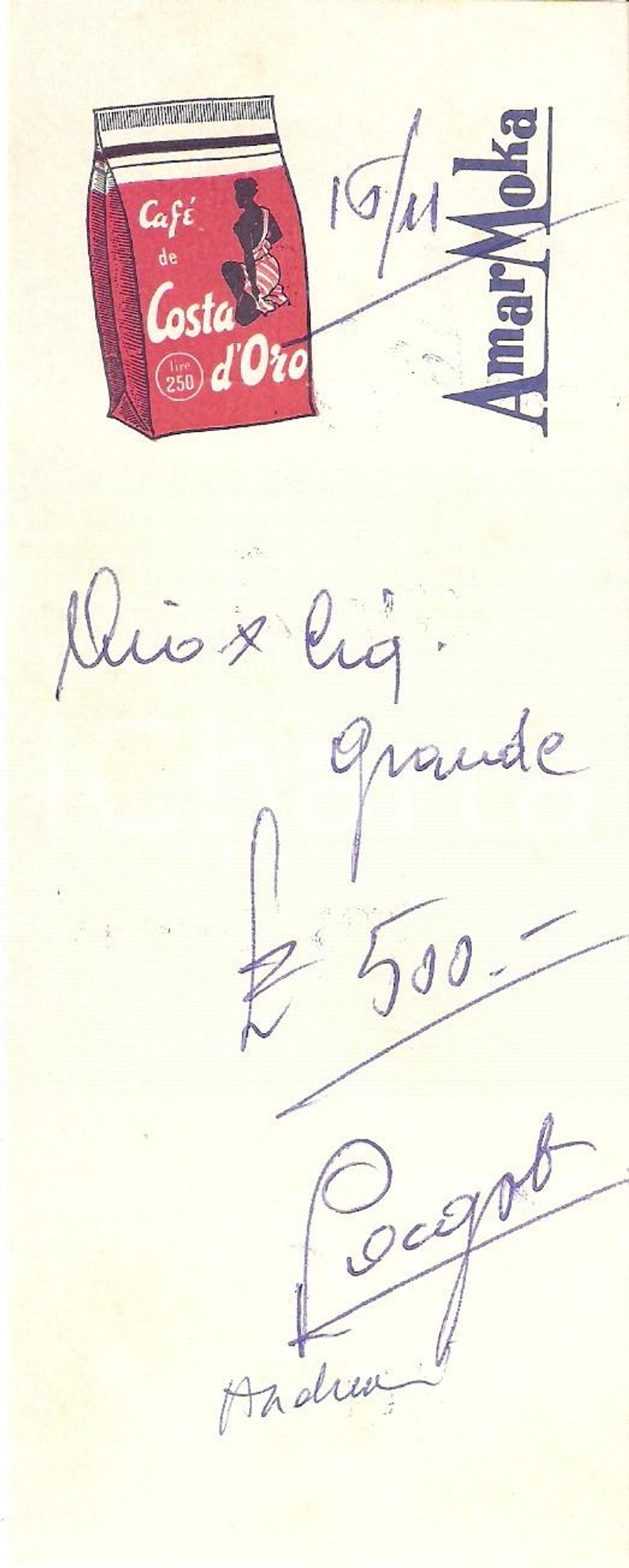 Materiale pubblicitario d’epoca 1965 ca AMAR MOKA Café de Costa d Oro Ricevuta 6x16 cm 6 1