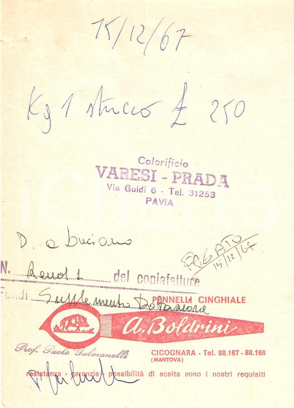 Materiale pubblicitario d’epoca 1967 PAVIA Colorificio VARESI  PRADA Pennelli CINGHIALE Ditta BOLDRINI Ricevuta 1