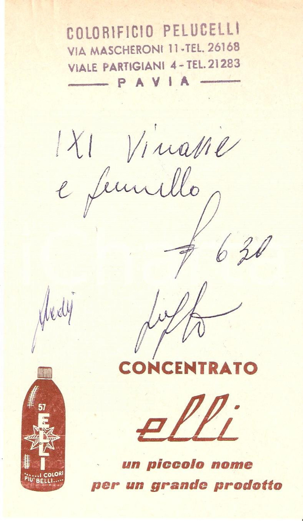 Materiale pubblicitario d’epoca 1968 PAVIA Colorificio PELLUCELLI Concentrato ELLI Vernici Ricevuta 10x15 cm 1