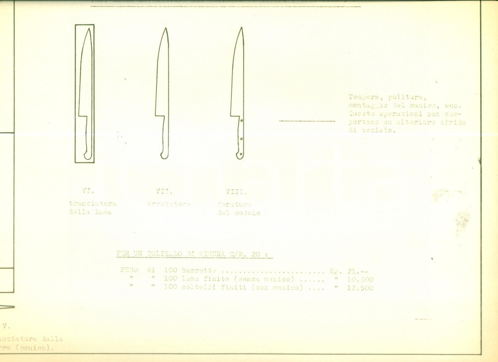 Documento originale, autentico 1954 CASLINO D ERBA Coltellerie CASLINO MANIAGO Coltello da cucina Scheda 1
