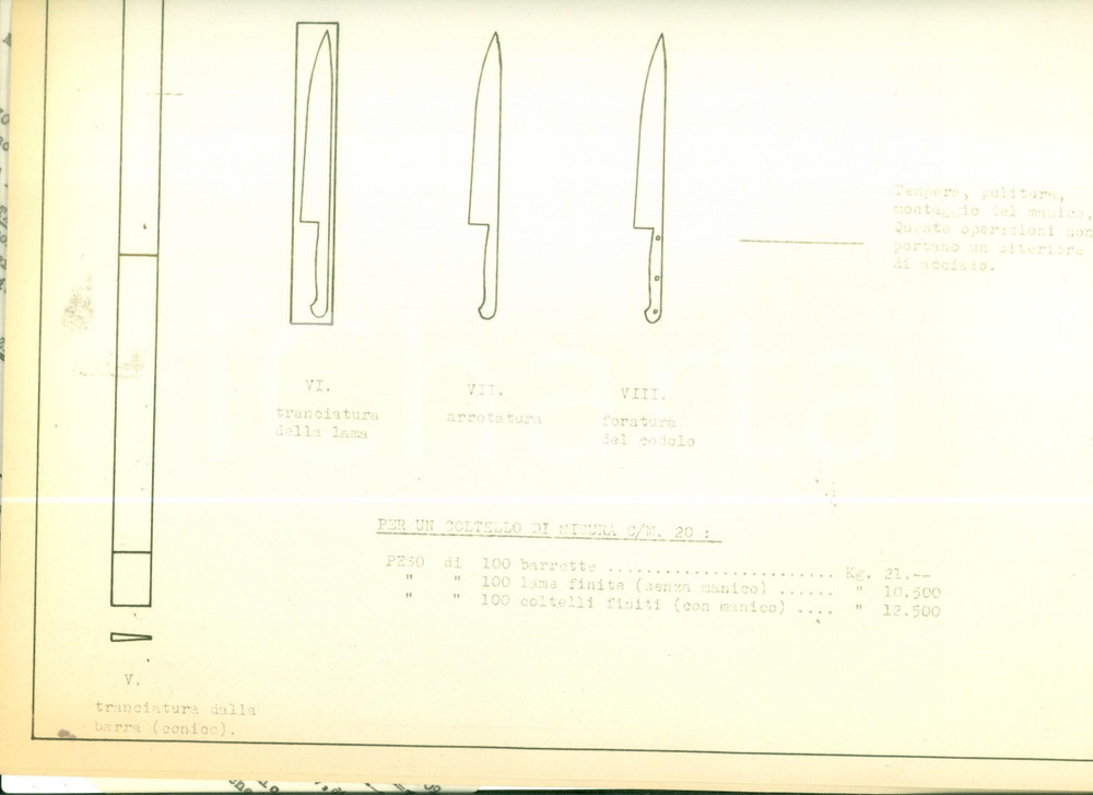 Documento originale, autentico 1954 CASLINO D ERBA Coltellerie Riunite CASLINO MANIAGO Coltello cucina Scheda 1